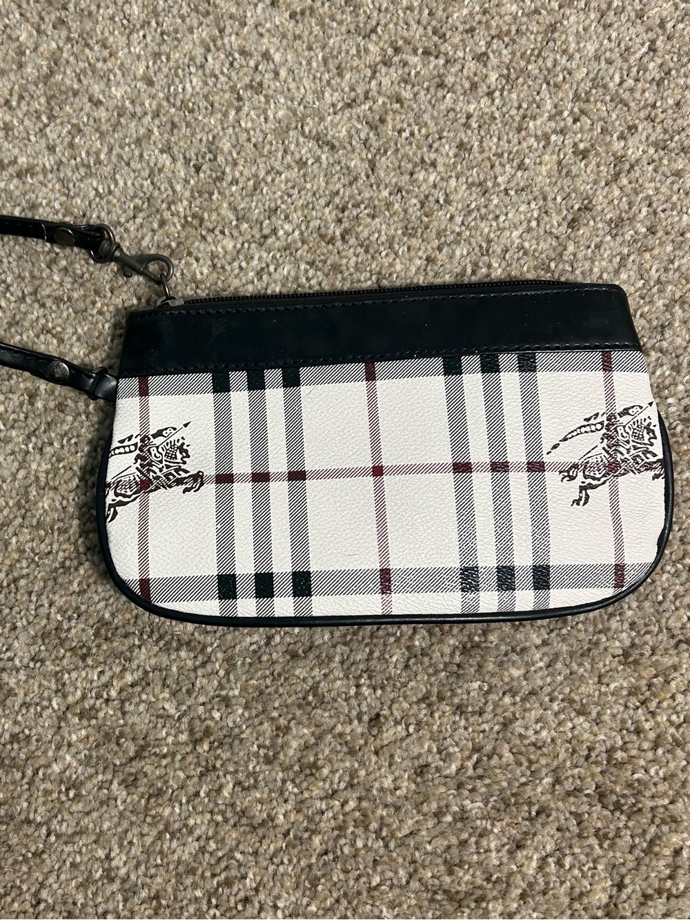 Burberry White Plaid Wristlet with Black Trim and Horseman Print